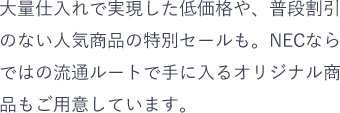 大量仕入れで実現した低価格や、普段割引のない人気商品の特別セールも。NECならではの流通ルートで手に入るオリジナル商品もご用意しています。